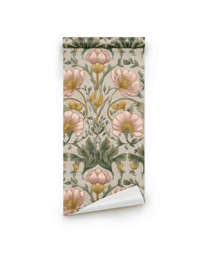 Floral Elegance Wallpaper features a vintage-inspired floral pattern with delicate pink and yellow flowers and lush greenery on a light background, bringing timeless elegance to any space.