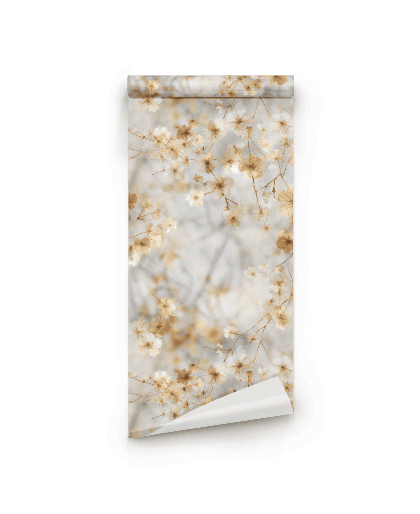 Whispering Petals Wallpaper features a light gray background with delicate beige and white floral branches, ideal for creating a tranquil decor.