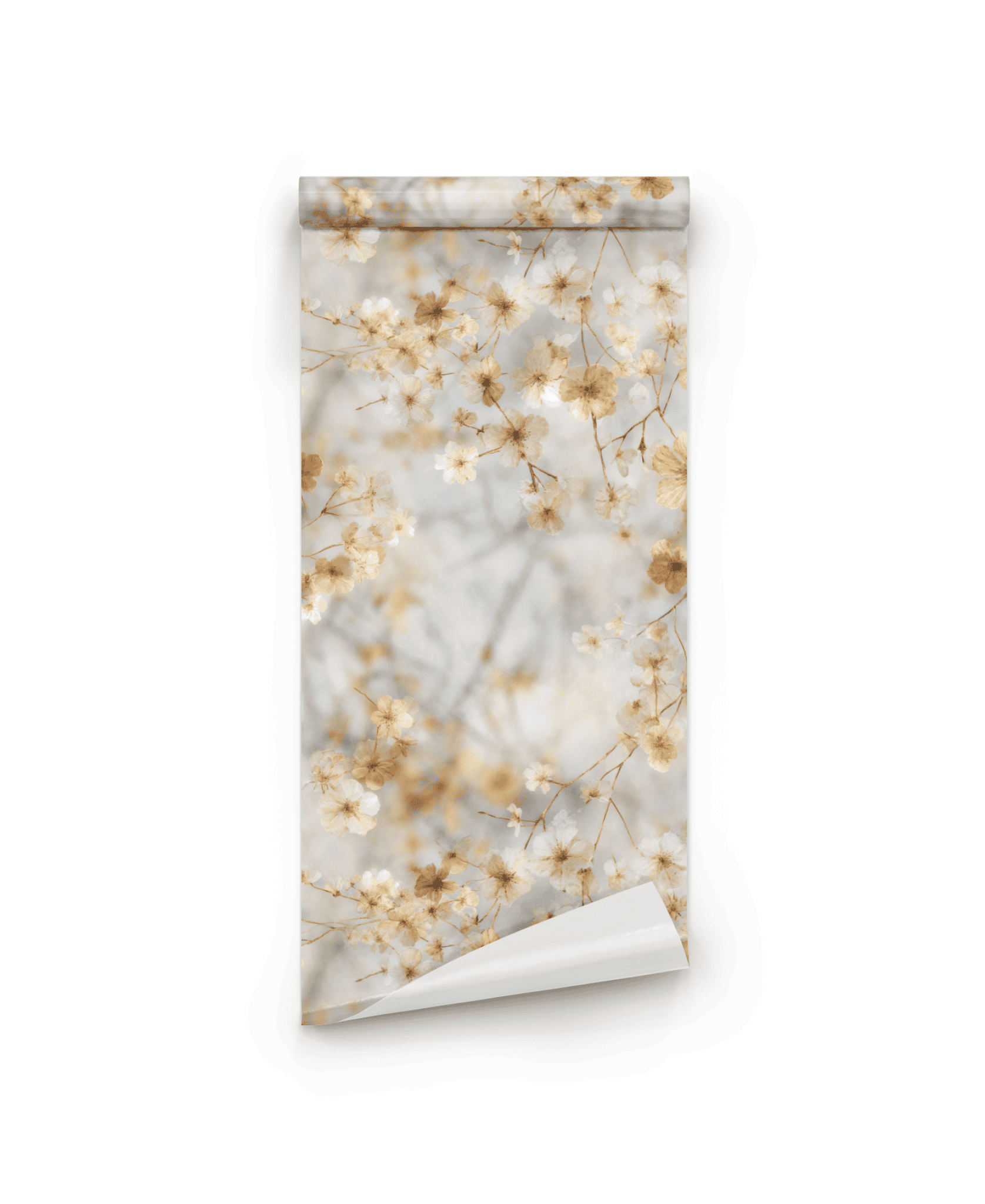 Whispering Petals Wallpaper features a light gray background with delicate beige and white floral branches, ideal for creating a tranquil decor.