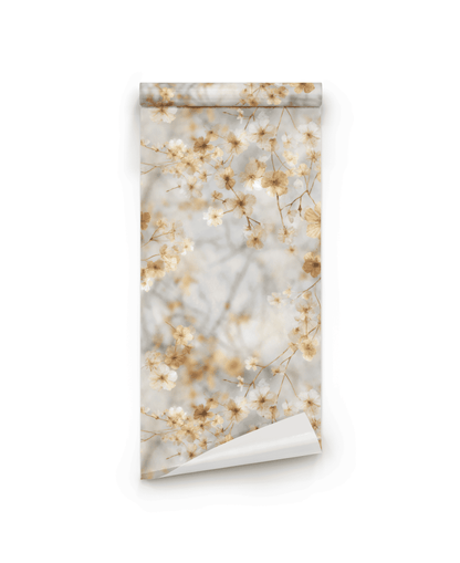 Whispering Petals Wallpaper features a light gray background with delicate beige and white floral branches, ideal for creating a tranquil decor.