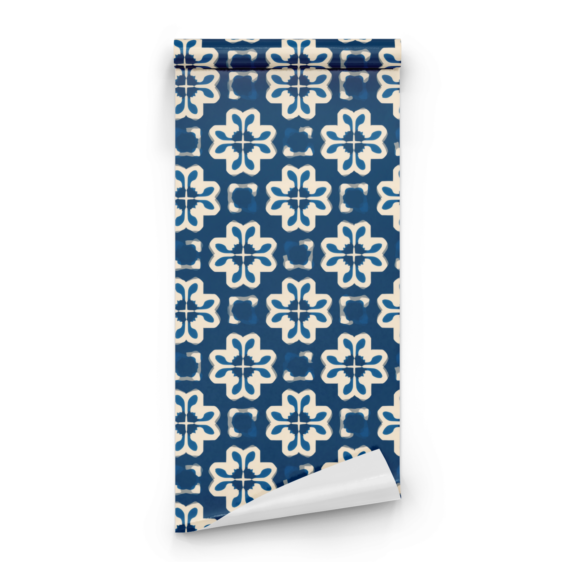 Blue Geometric Wallpaper roll close-up showing the block-print fleur-de-lis and the cerulean blue ground in hand-printed detail