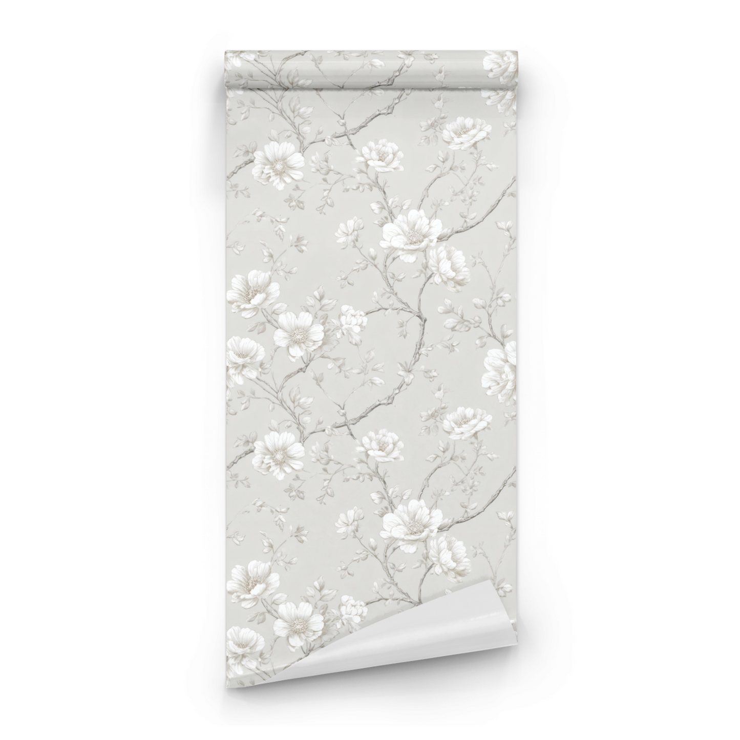 Grey Tranquil Botanical Wall Covering roll preview showing the sketchy floral drawing in close grey line work detail