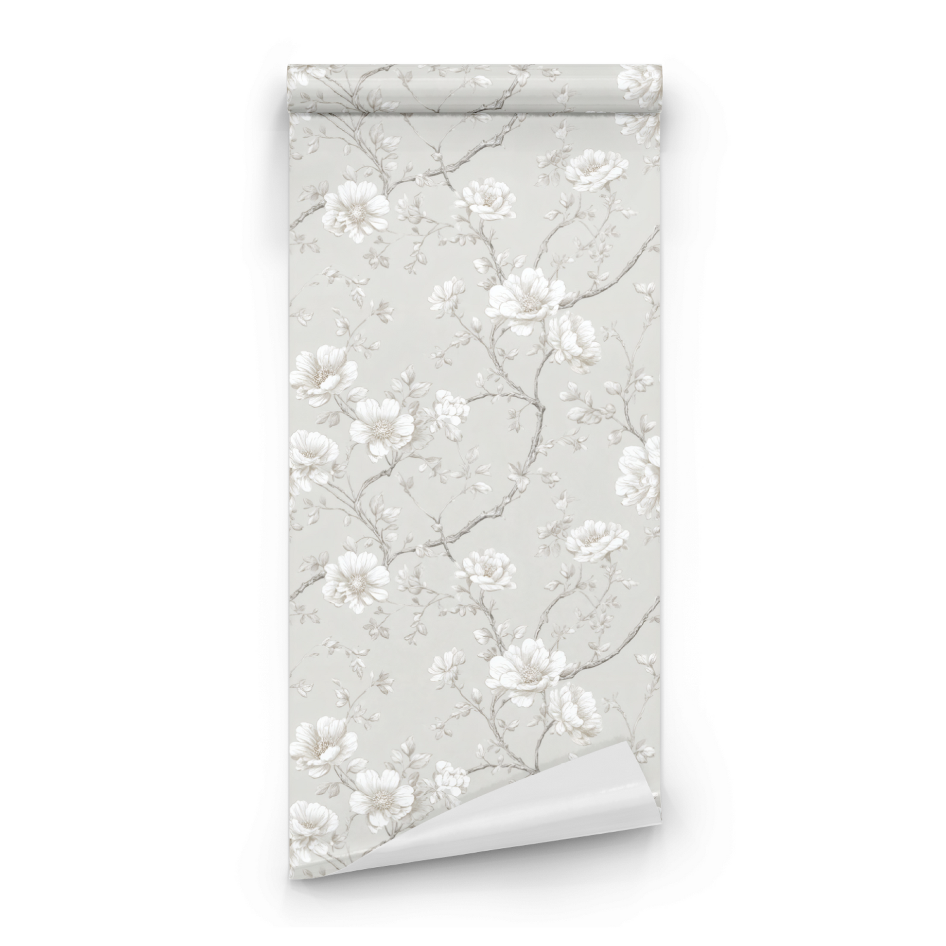 Grey Tranquil Botanical Wall Covering roll preview showing the sketchy floral drawing in close grey line work detail