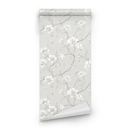 Grey Tranquil Botanical Wall Covering roll preview showing the sketchy floral drawing in close grey line work detail