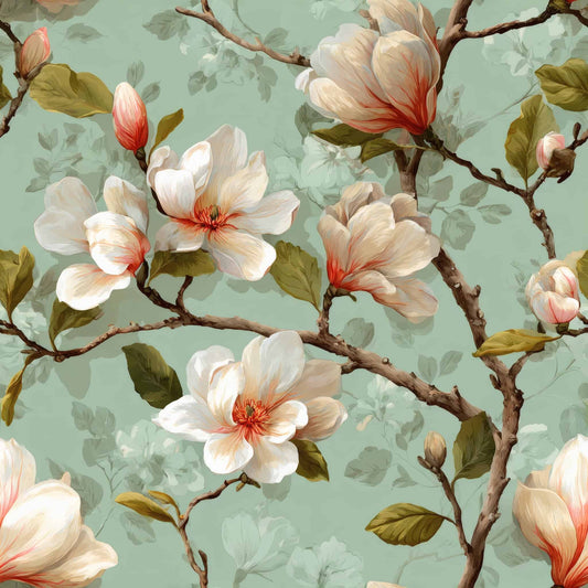 Wallpaper with magnolia flowers on a soft green background featuring delicate branches and leaves.
