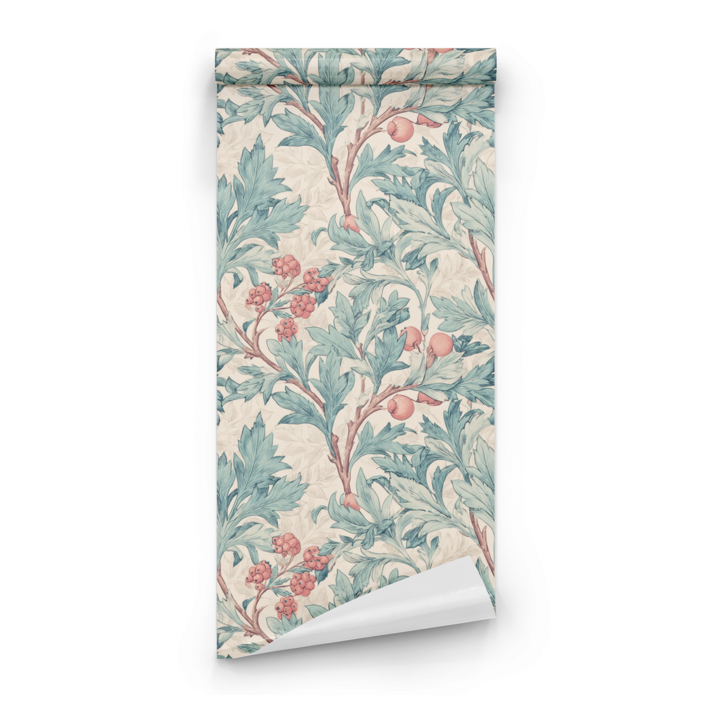 Cream Botanical Wallpaper roll preview showing the hawthorn fruit-and-floral drawing in close cream-and-teal detail