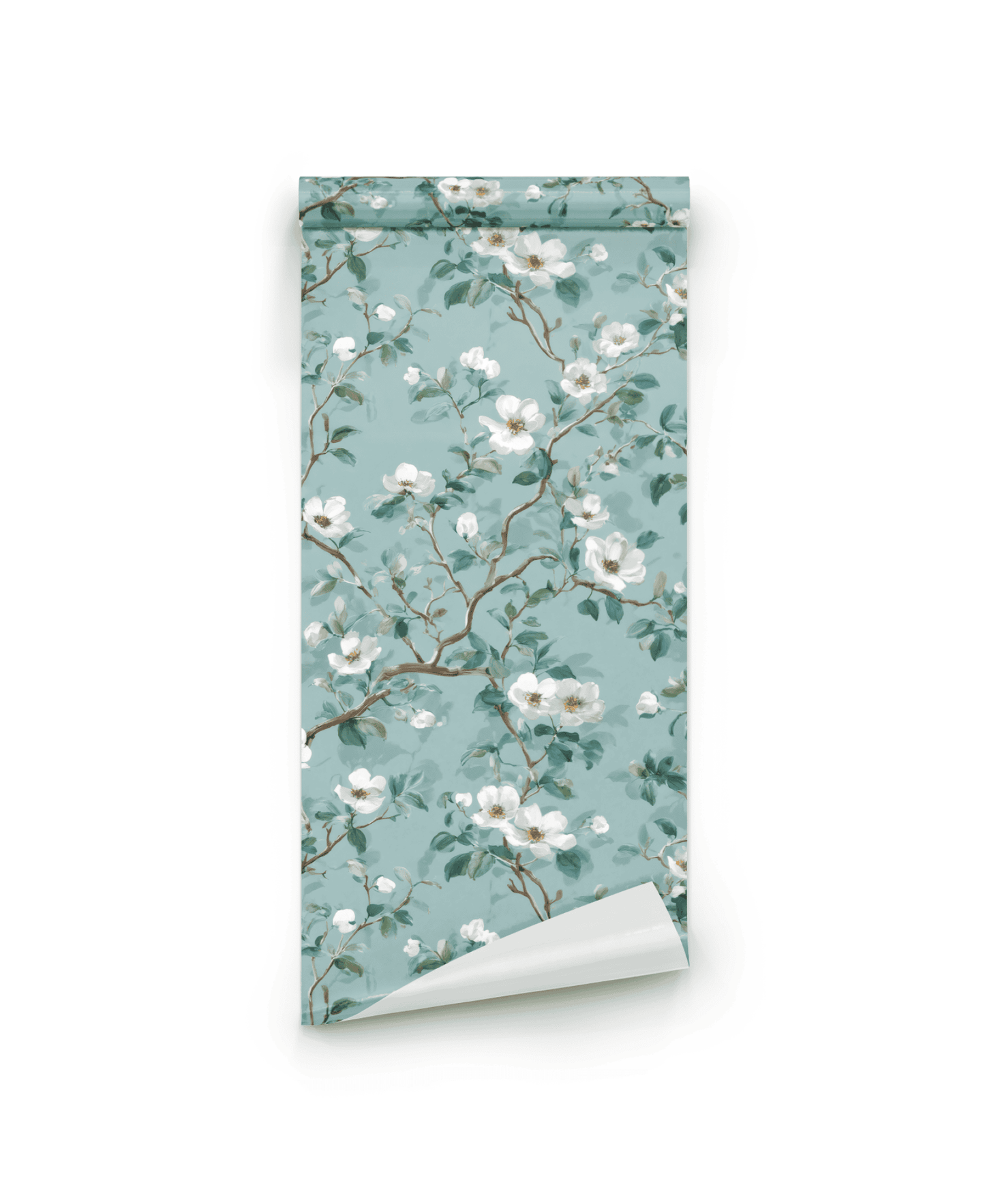 Blossom Whisper Wallpaper features a soft blue background adorned with white blossoms and lush green leaves in a delicate floral pattern.