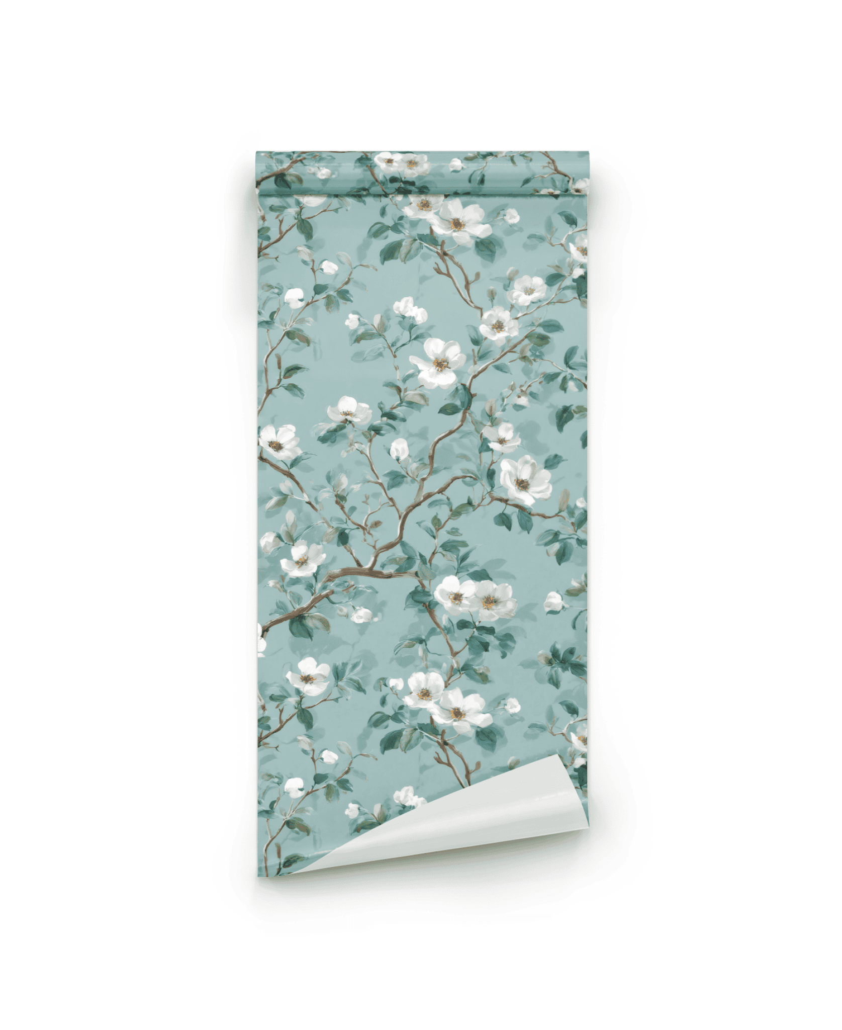 Blossom Whisper Wallpaper features a soft blue background adorned with white blossoms and lush green leaves in a delicate floral pattern.