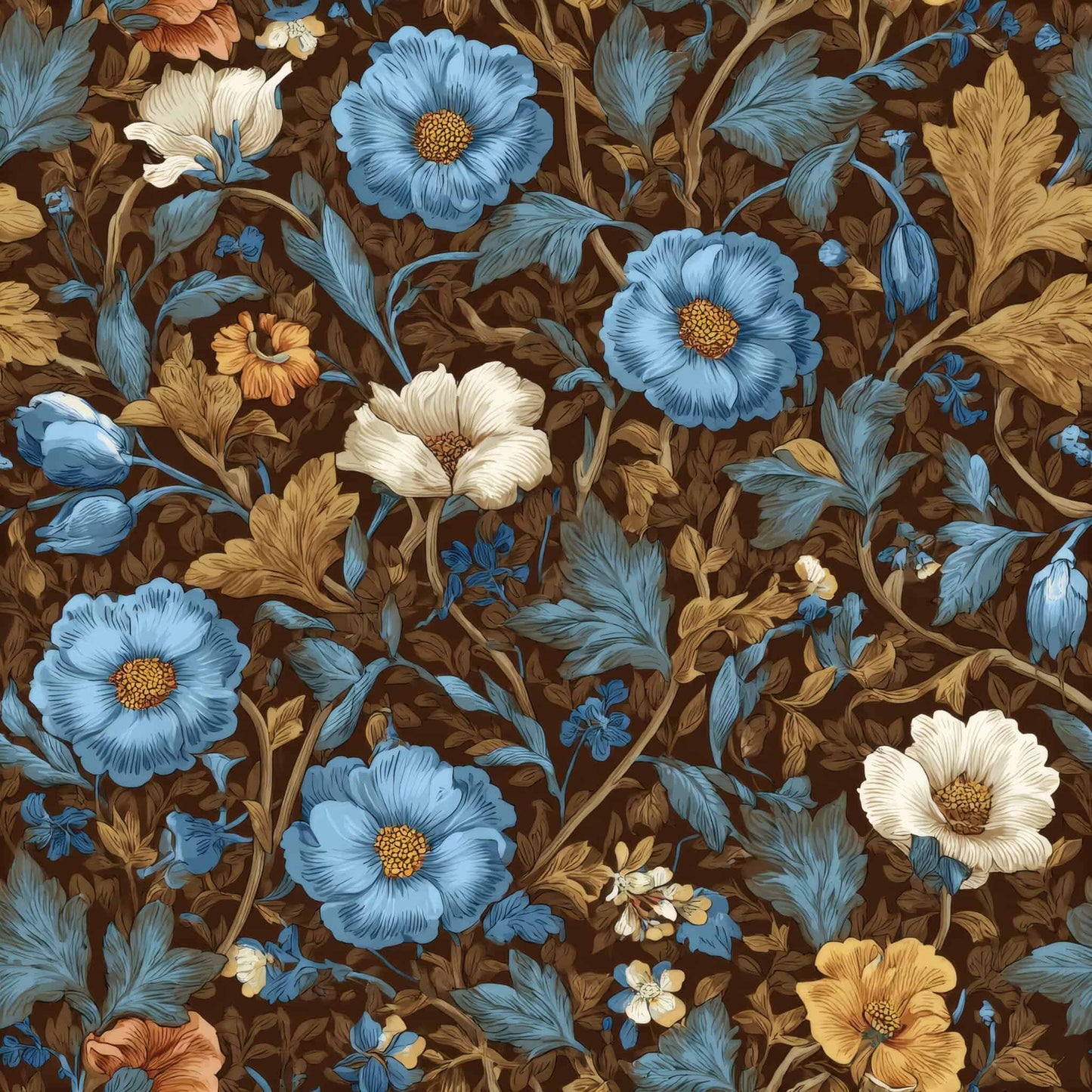 Wallpaper with blue, cream, and gold vintage floral pattern on a dark background.