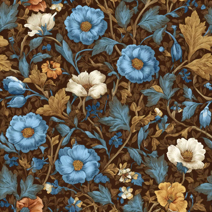 Wallpaper with blue, cream, and gold vintage floral pattern on a dark background.