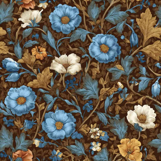 Wallpaper with blue, cream, and gold vintage floral pattern on a dark background.