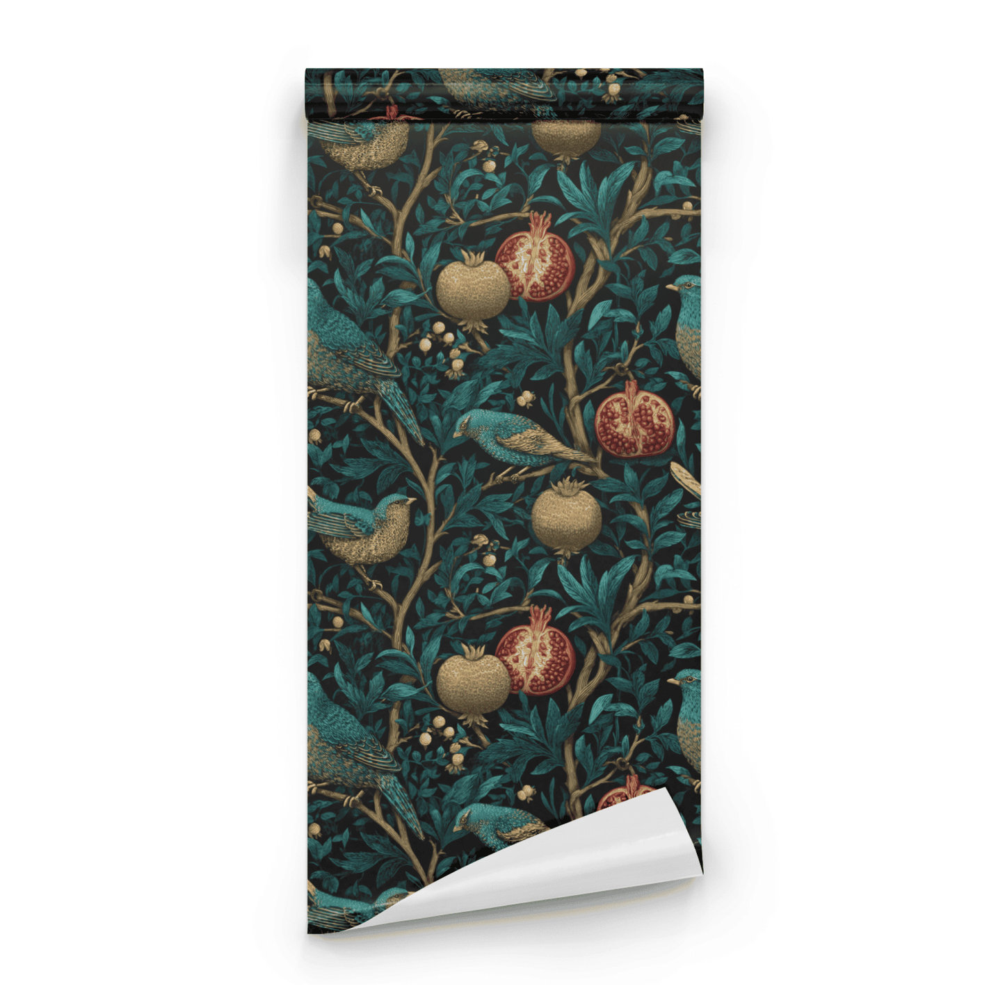 Green Bird Pattern Wallpaper roll close-up showing the bird-and-pomegranate drawing in close teal green woodland detail