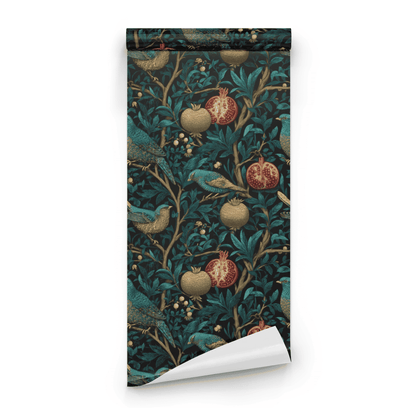 Green Bird Pattern Wallpaper roll close-up showing the bird-and-pomegranate drawing in close teal green woodland detail