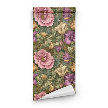 Green Floral Wallpaper roll preview showing the verdant drawing in close green Victorian rosy detail