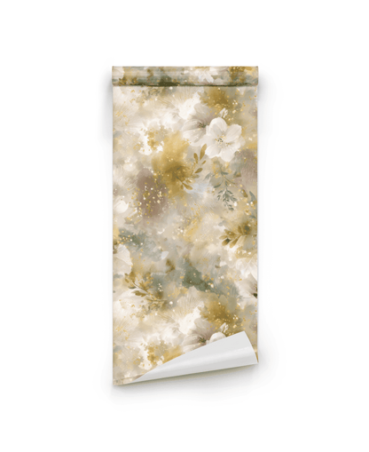 Whispering Blooms Wallpaper features floral swirls in white, green, and golden tones on a crisp white background.