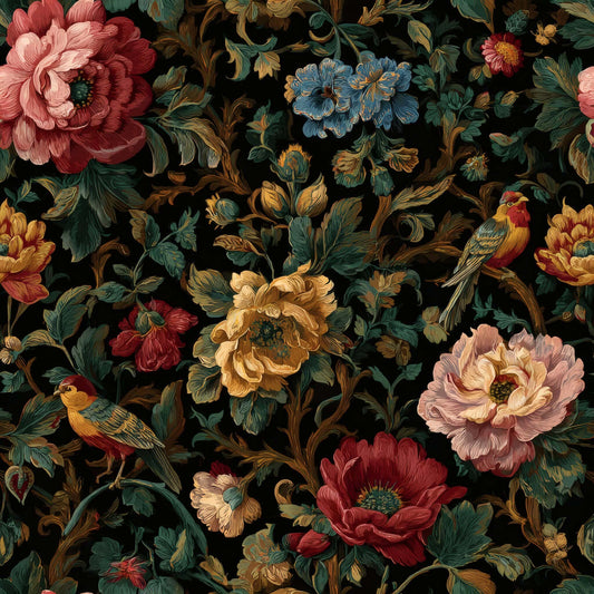 Floral and bird pattern wallpaper with rich red, blue, and yellow flowers on a dark background.