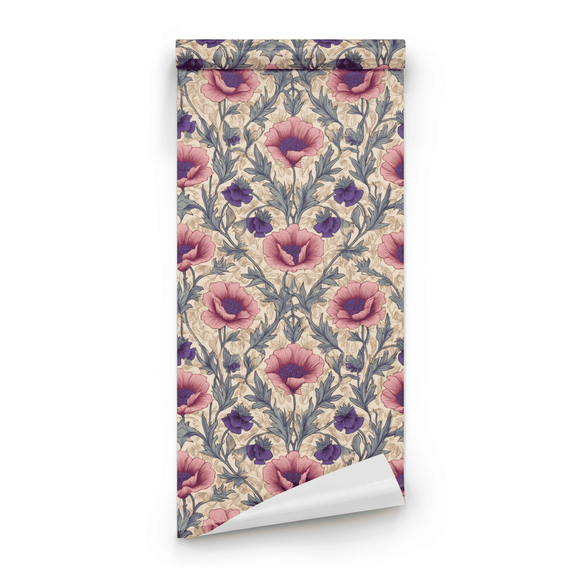 Cream Floral Wallpaper roll preview showing the anemone drawing in close cream rosaline Arts and Crafts detail