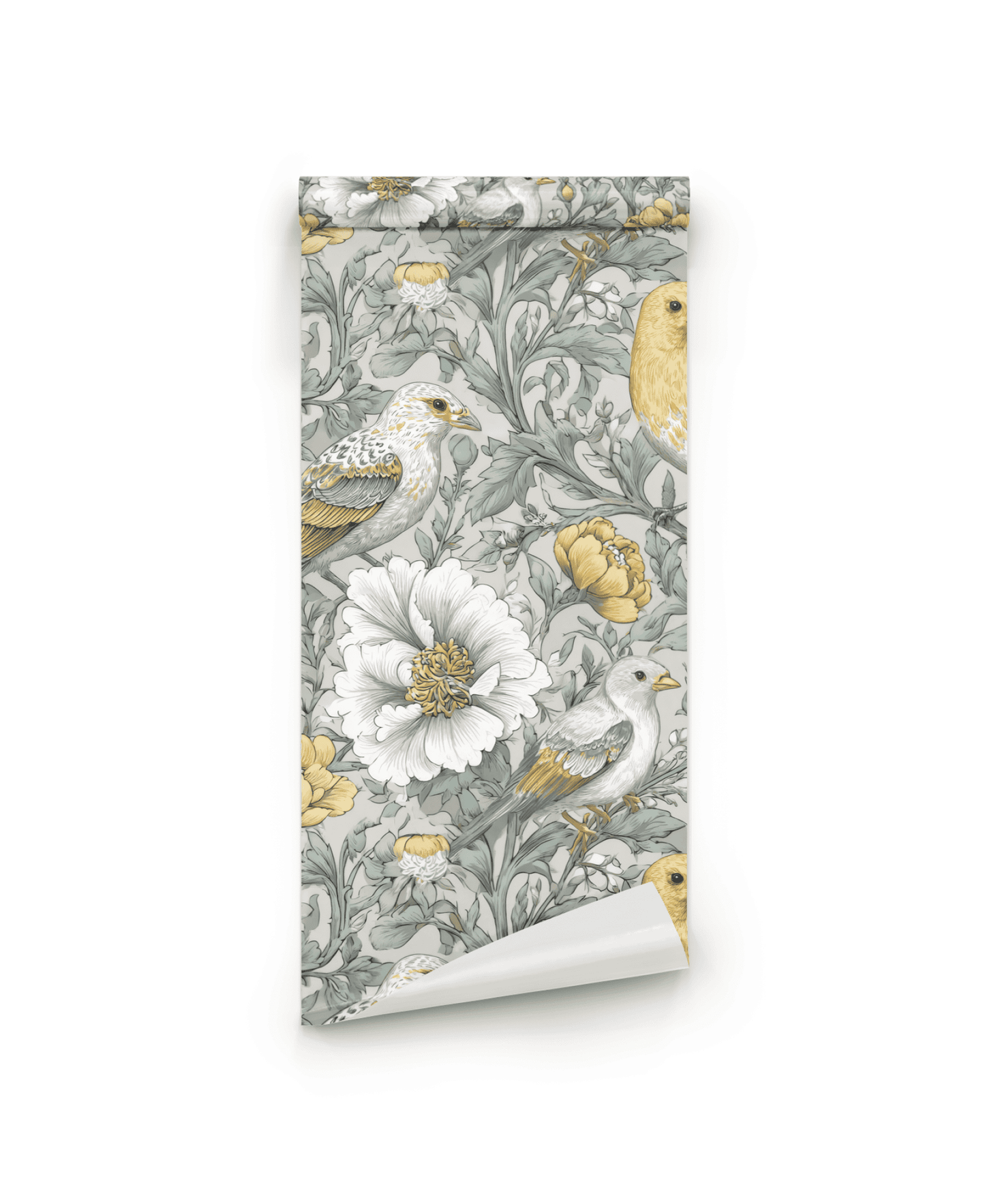 Meadow Serenade Wallpaper features a botanical and bird pattern with muted yellows, white flowers, green leaves, and birds in yellow, white, and gray on a light background for pastoral elegance in any space.