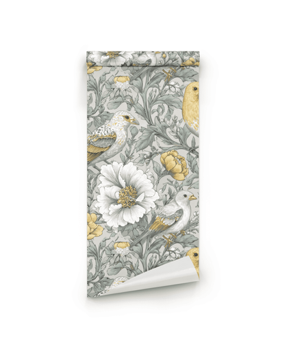 Meadow Serenade Wallpaper features a botanical and bird pattern with muted yellows, white flowers, green leaves, and birds in yellow, white, and gray on a light background for pastoral elegance in any space.
