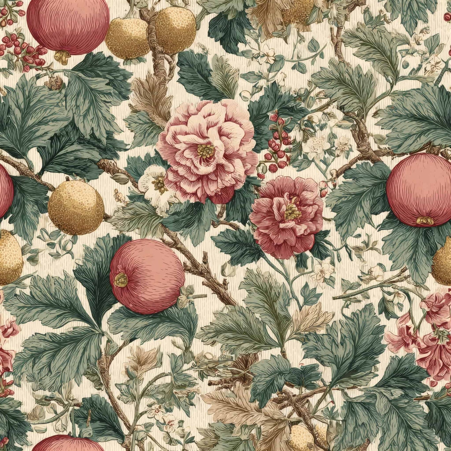 Floral and fruit pattern with pink roses, green leaves, and ripe fruits on a vintage background.