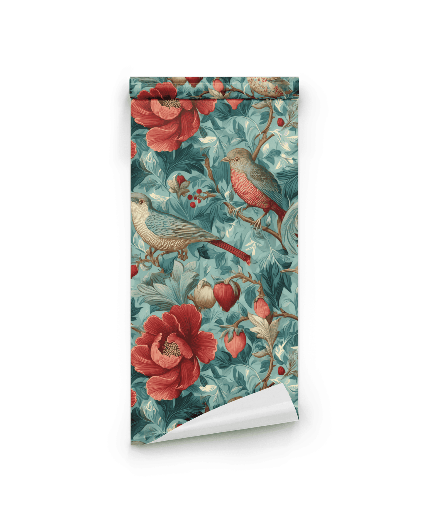Eden Bloom Wallpaper features a botanical design with exotic birds, vibrant red flowers, lush green leaves, and two birds set against a light blue background.