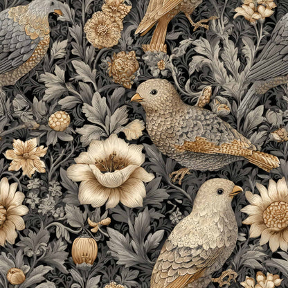 Wallpaper with birds and flowers in neutral tones on a dark background.