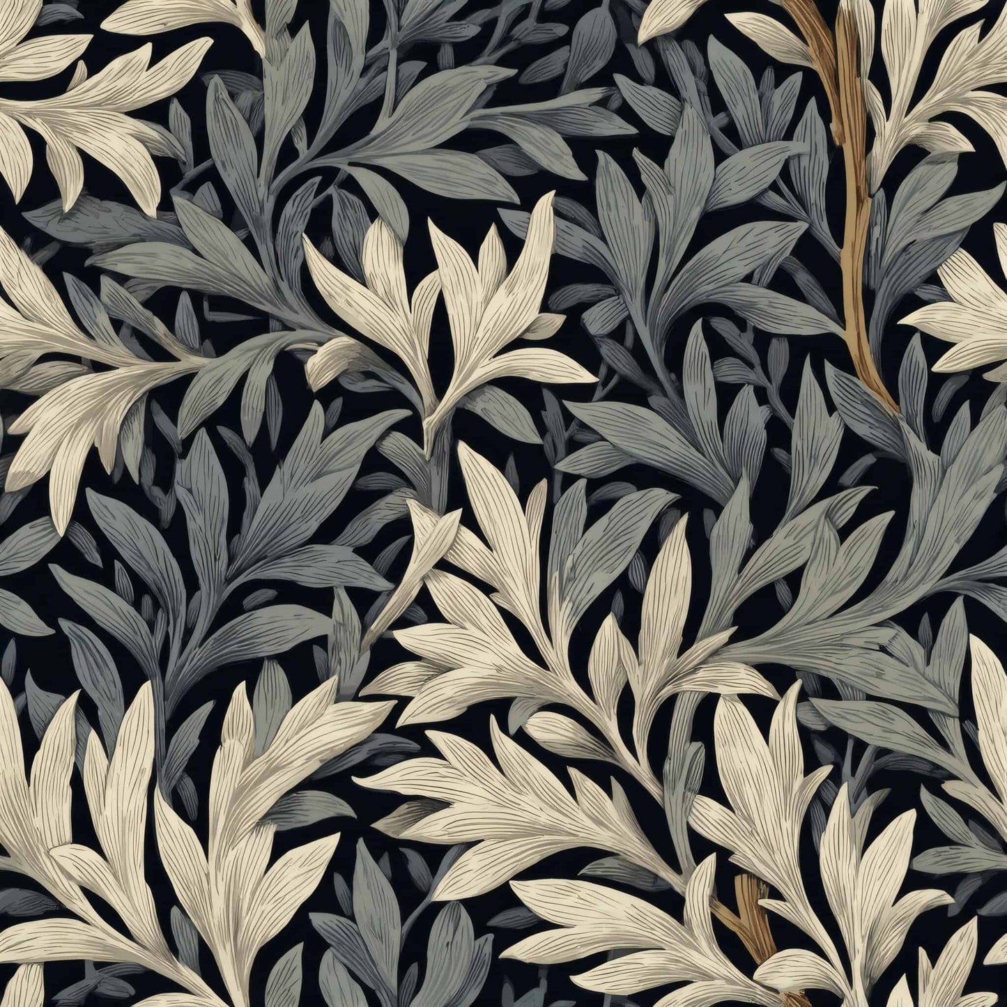Elegant floral pattern wallpaper with beige and gray leaves on a dark background.