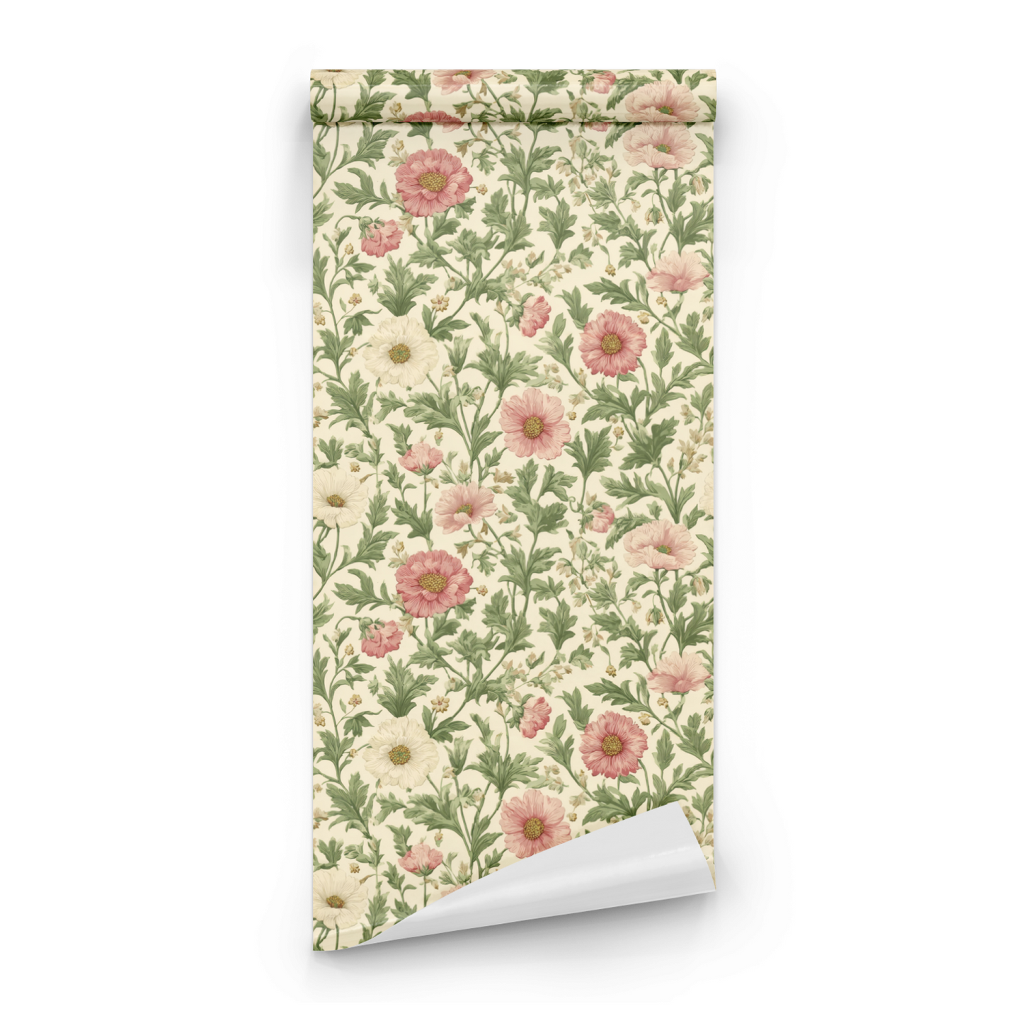 Cream Floral Wallpaper roll preview showing the garden floral drawing in close cream rosaline Arts and Crafts detail