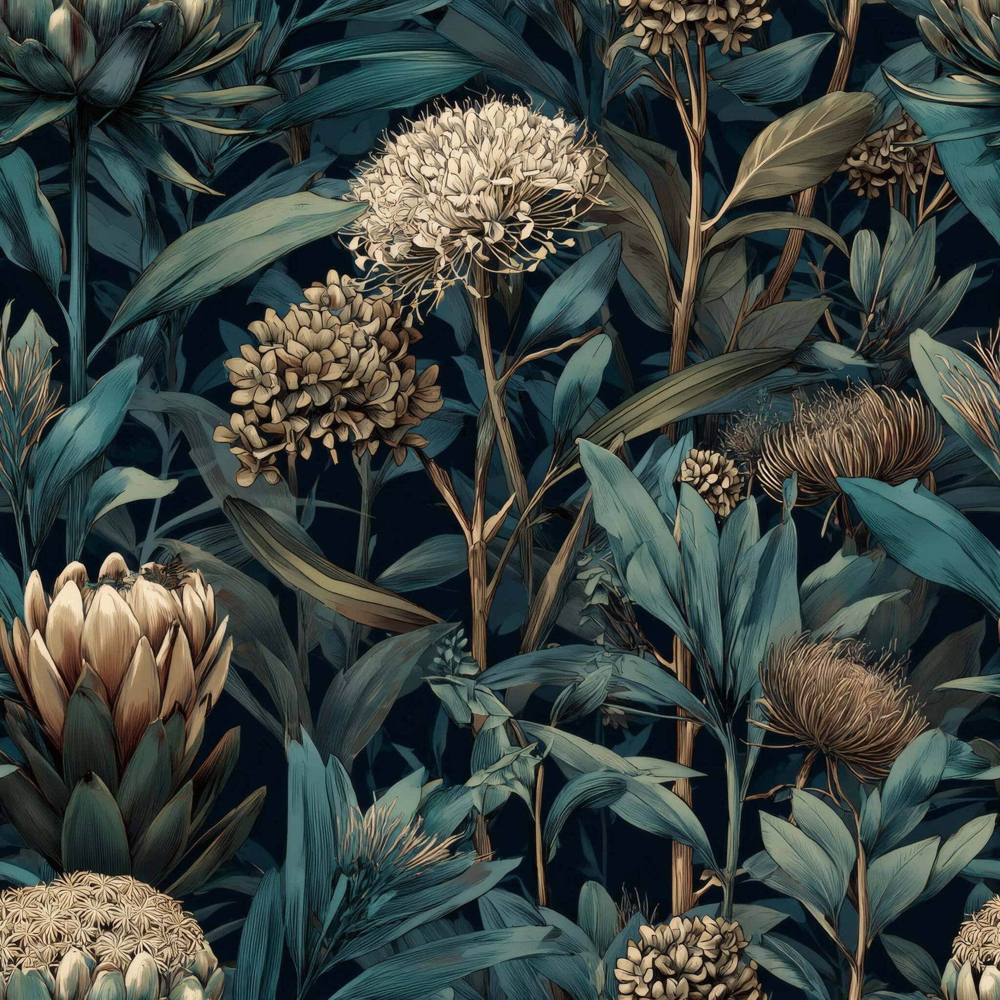 Dark floral wallpaper with rich green, teal, and beige botanical patterns.