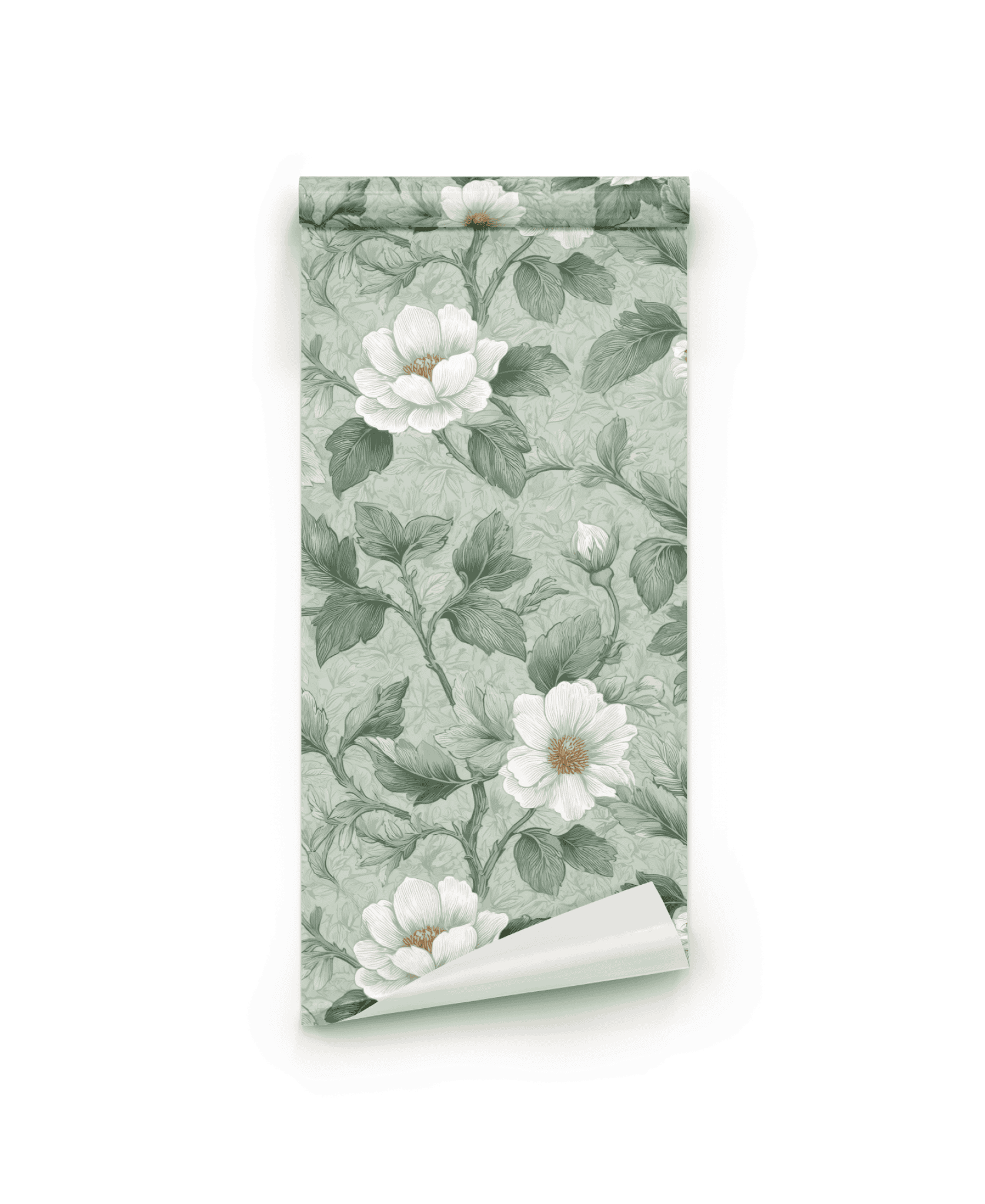 Serenity Bloom Wallpaper features a sage green background with large vintage flowers and green leaves in a botanical pattern, perfect for creating an elegant atmosphere.