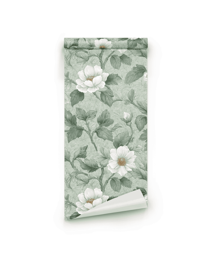Serenity Bloom Wallpaper features a sage green background with large vintage flowers and green leaves in a botanical pattern, perfect for creating an elegant atmosphere.