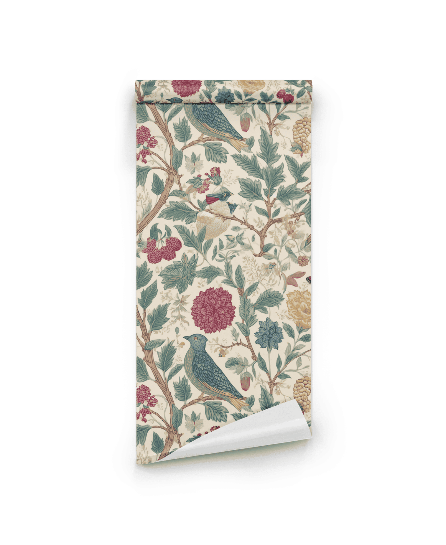 Garden Symphony Wallpaper is a rolled sheet featuring botanical and bird patterns in muted red, green, and beige on a light background.