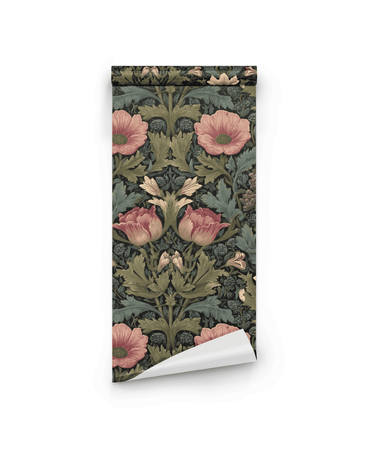 The Eternal Blossom Wallpaper showcases vintage charm with large pink flowers and green leaves in a floral design on a dark background, perfect for adding elegance to any room.