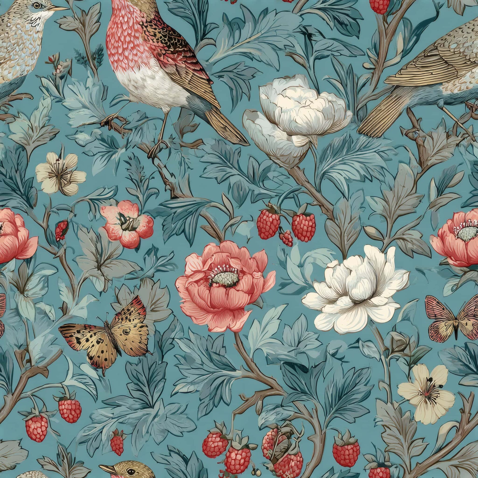 Wallpaper with birds, flowers, and butterflies on a teal background.