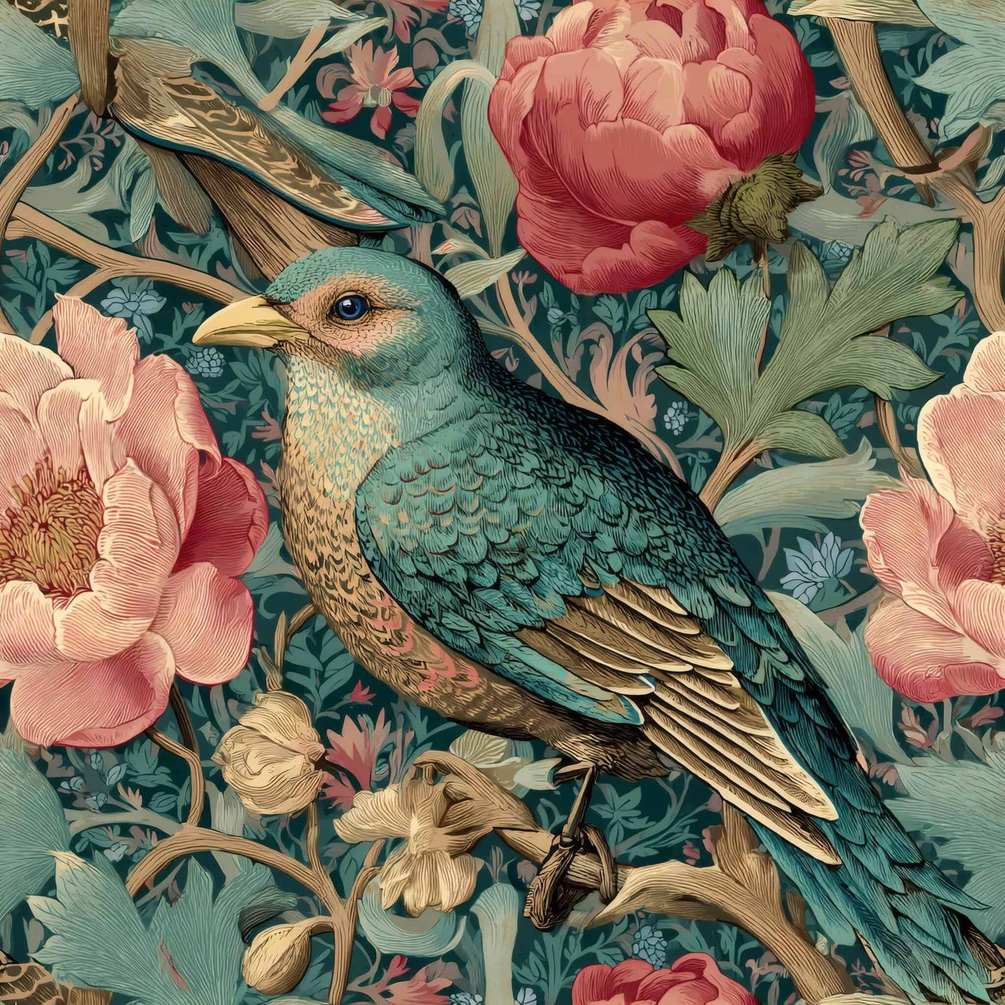 Wallpaper featuring detailed birds and blooming flowers in teal, red, and green hues.