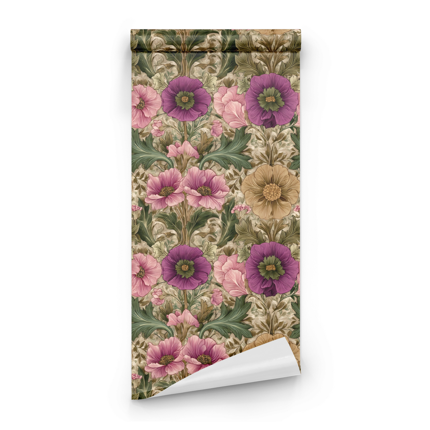 Neutral Floral Wallpaper roll preview showing the poppy flower drawing in close soft magenta Arts and Crafts detail