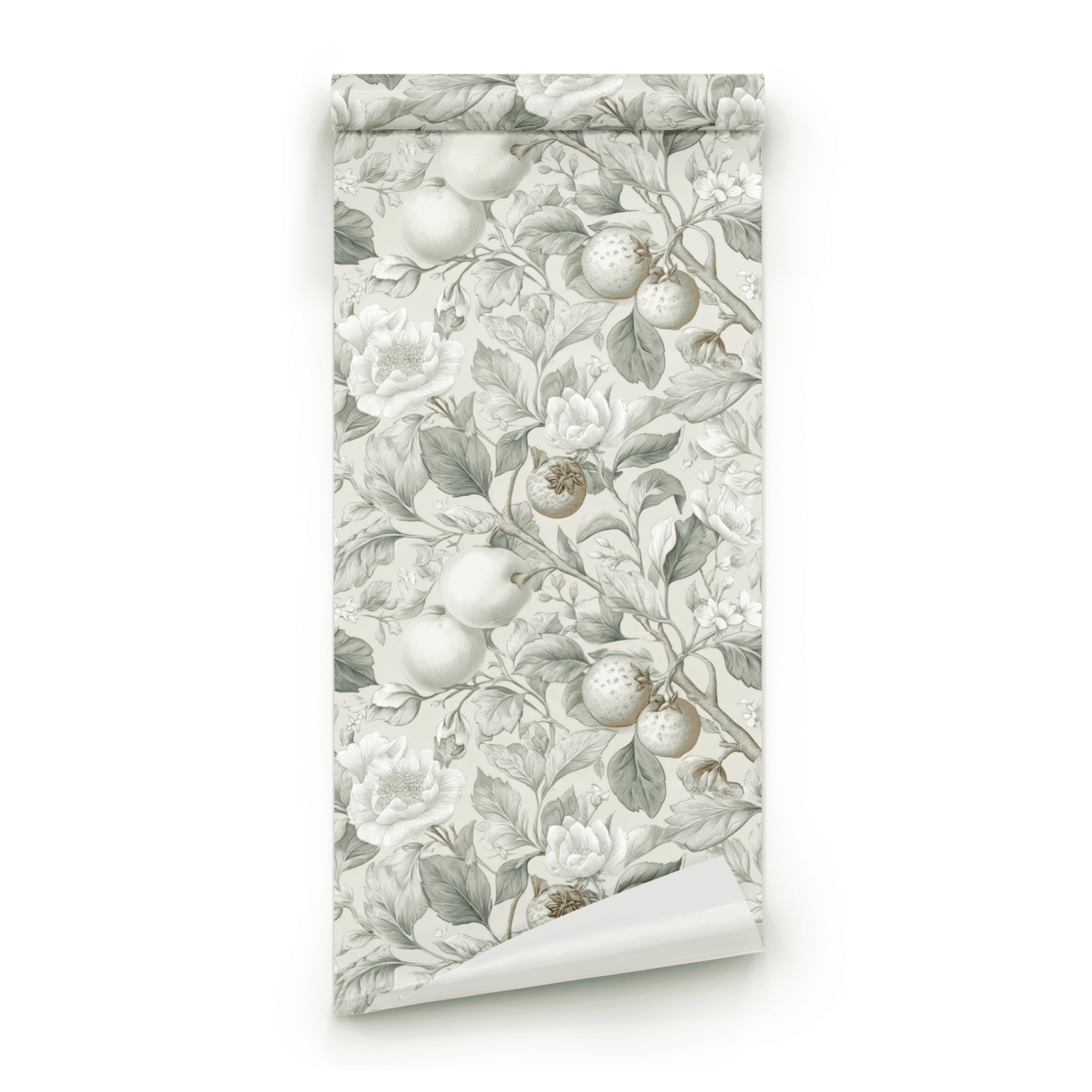 Neutral Botanical Wallpaper roll preview showing the apple branch drawing in soft chalky neutral handling