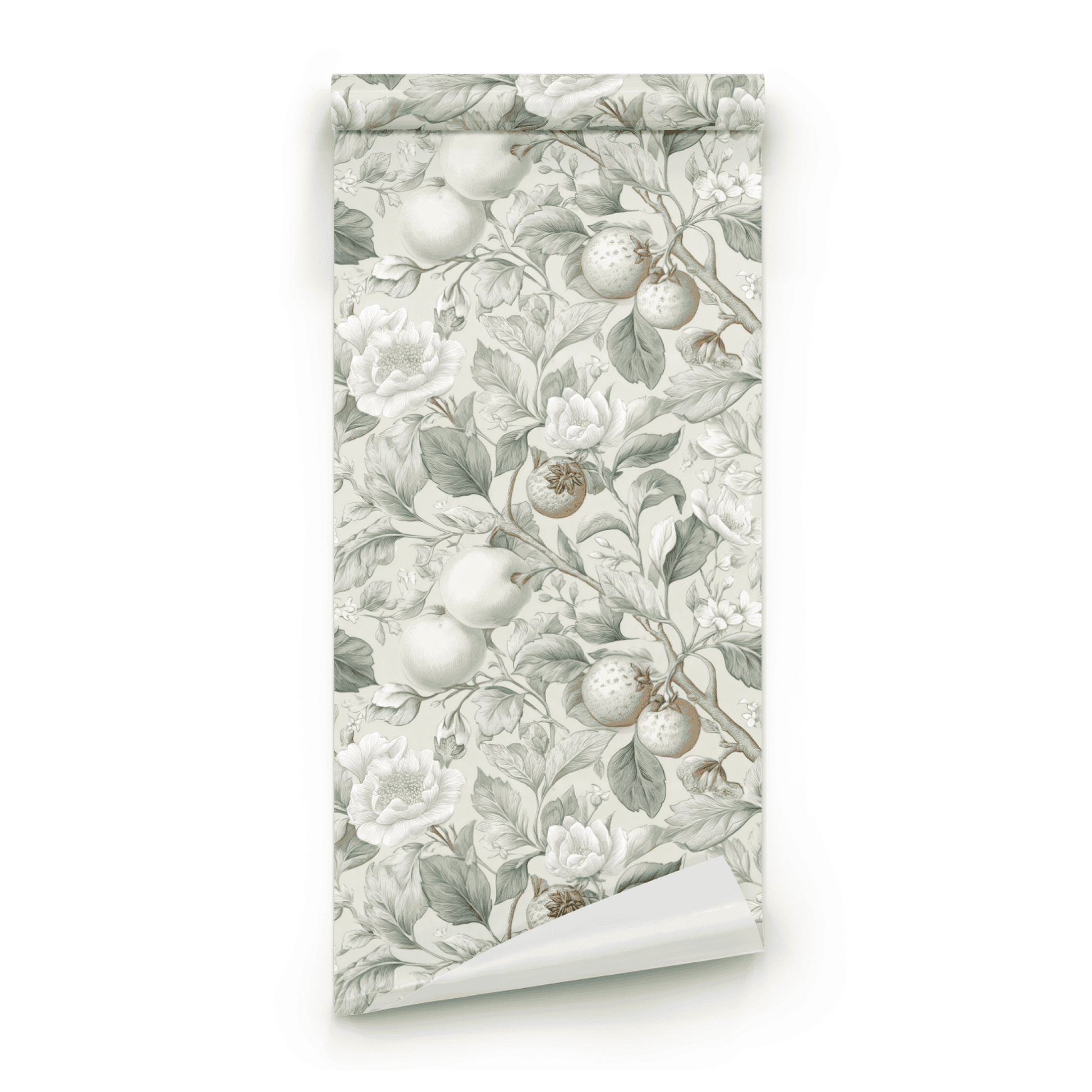 Neutral Botanical Wallpaper roll preview showing the apple branch drawing in soft chalky neutral handling