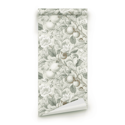 Neutral Botanical Wallpaper roll preview showing the apple branch drawing in soft chalky neutral handling