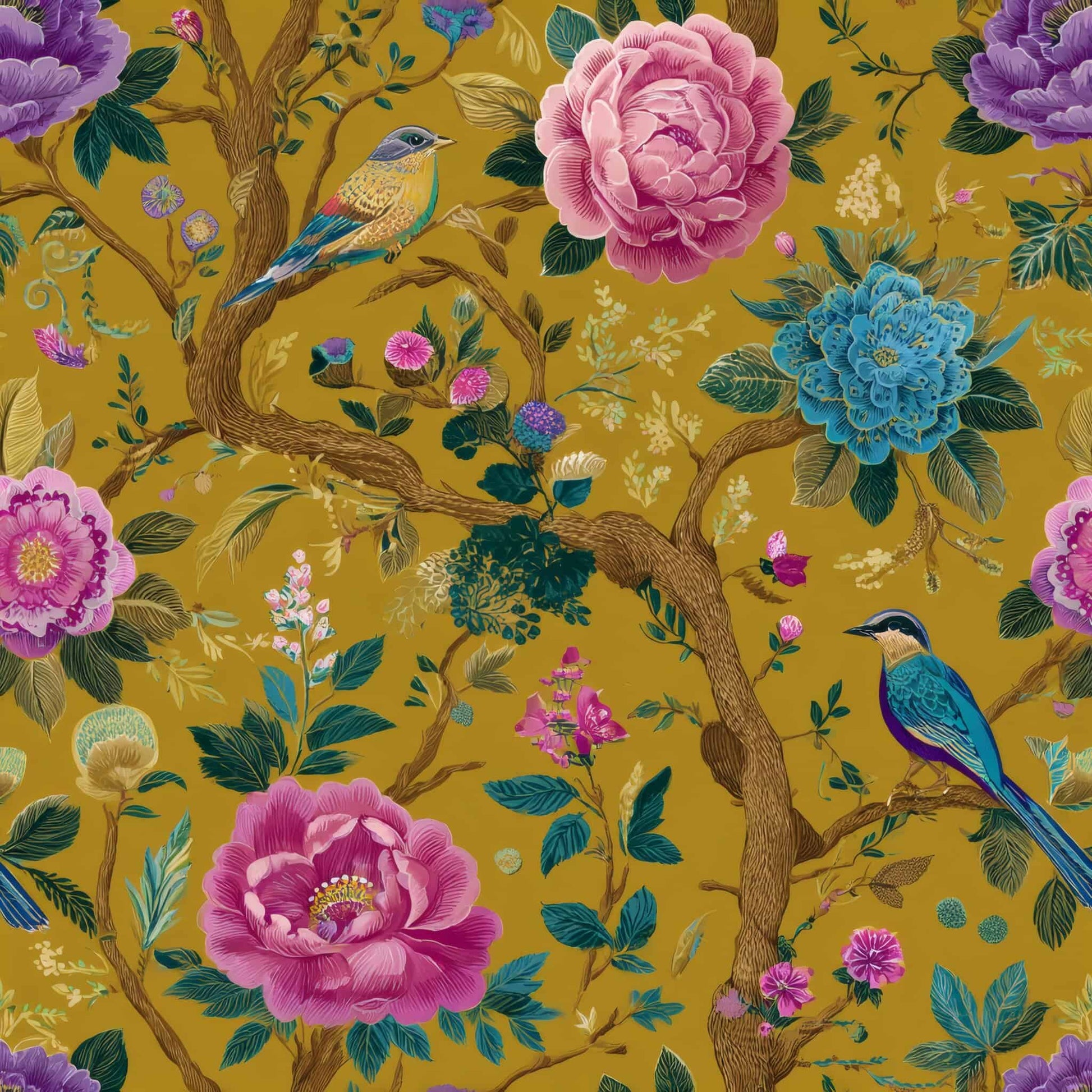 Wallpaper with vibrant flowers and birds on a rich, golden backdrop.