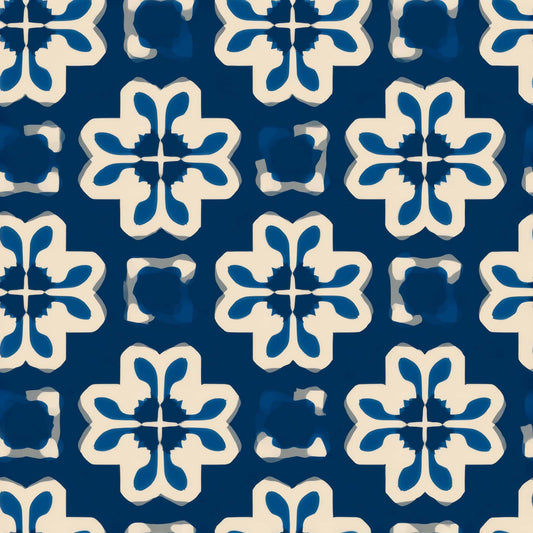 Floral pattern wallpaper in cobalt blue and cream colors, featuring bold geometric flower shapes.