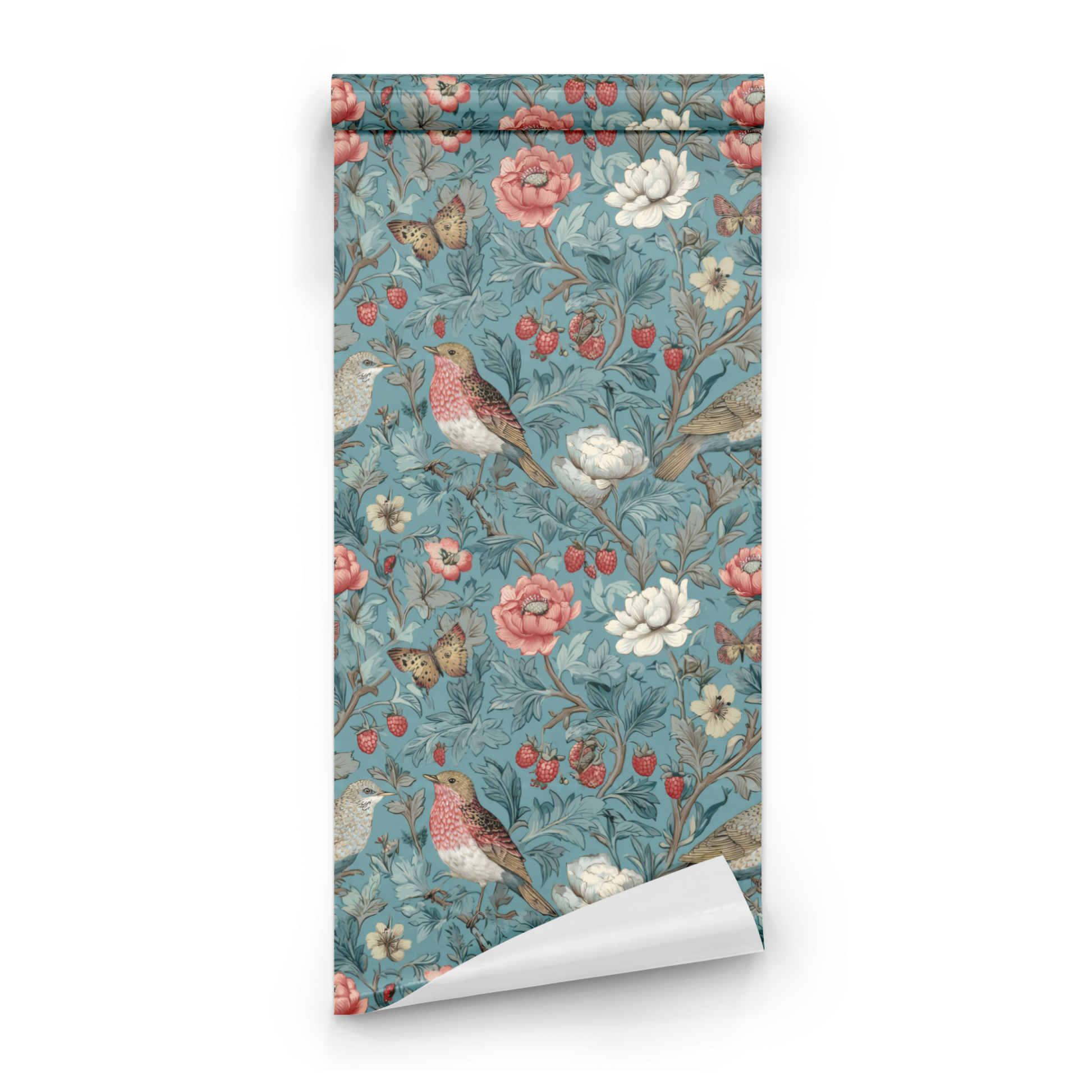 Green Floral Wallpaper roll close-up showing the songbird drawing in close vintage green chinoiserie detail