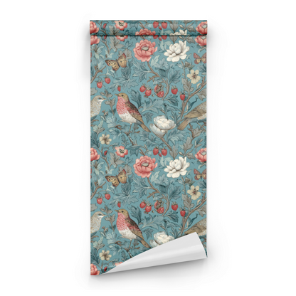 Green Floral Wallpaper roll close-up showing the songbird drawing in close vintage green chinoiserie detail