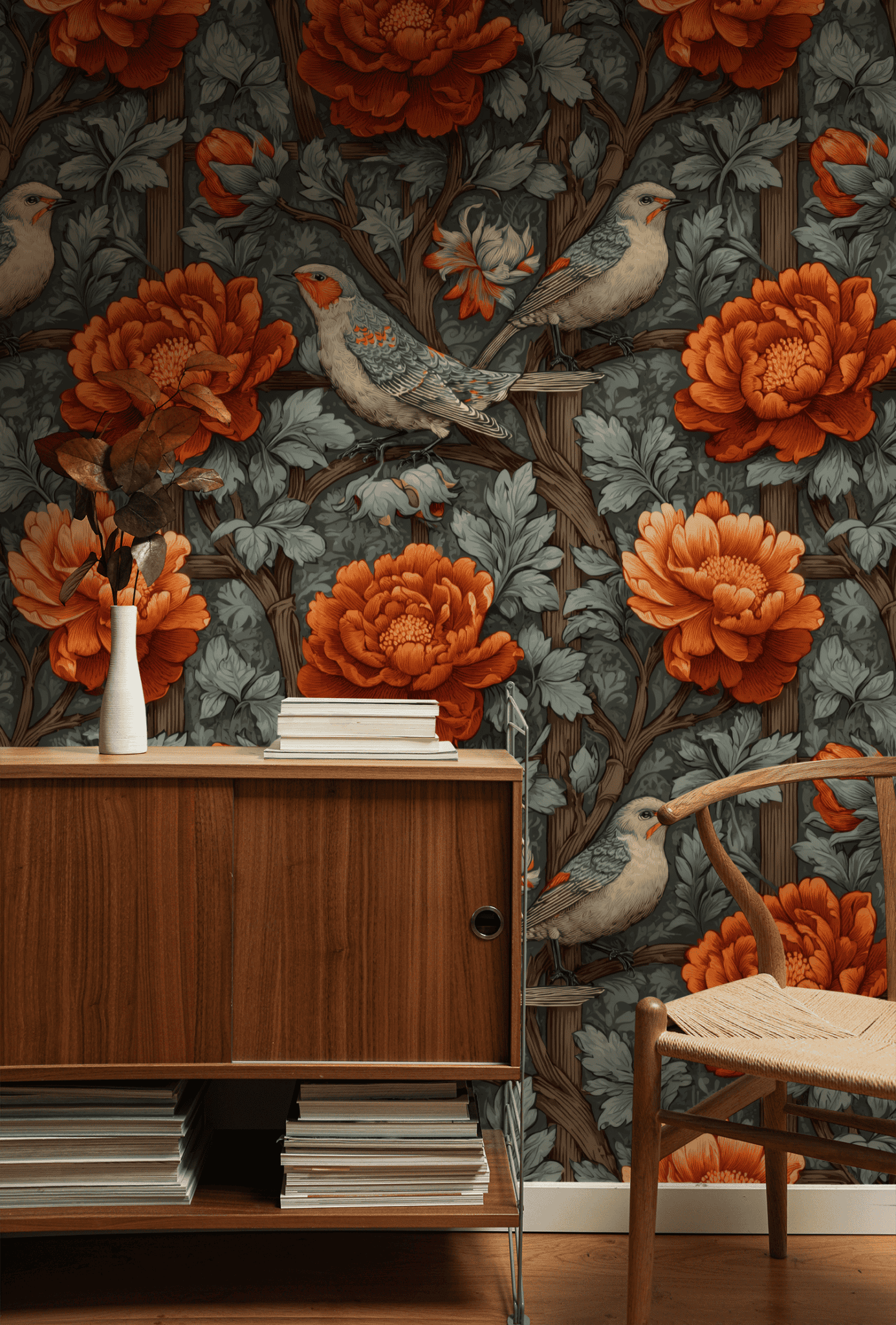 A wooden cabinet and woven chair sit before Auburn Bloom Wallpaper, featuring large orange flowers and perched birds; autumnal hues fill the scene while a white vase with single stems adds natural elegance atop the cabinet.