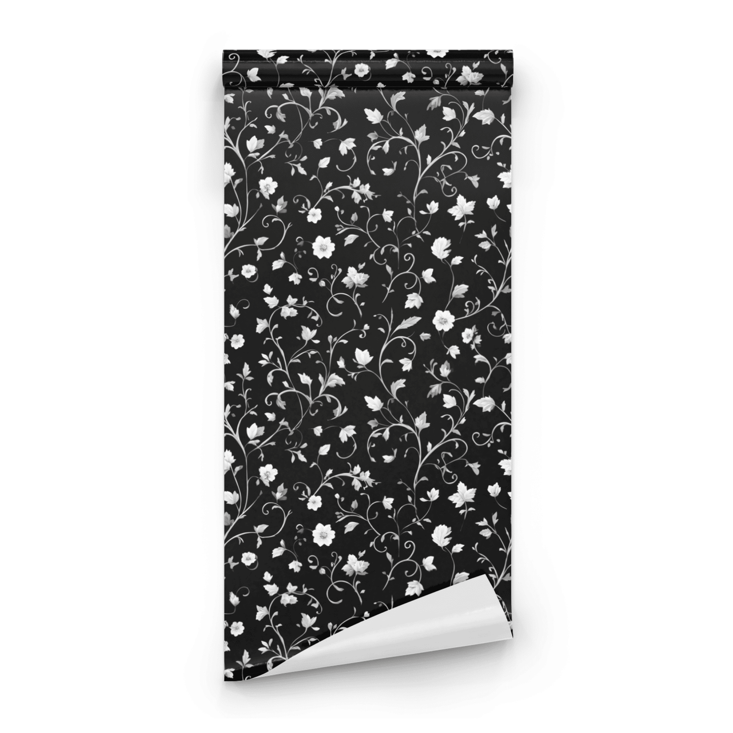 Black Botanical Wallpaper roll preview showing the tendril drawing in close art nouveau black monochrome detail