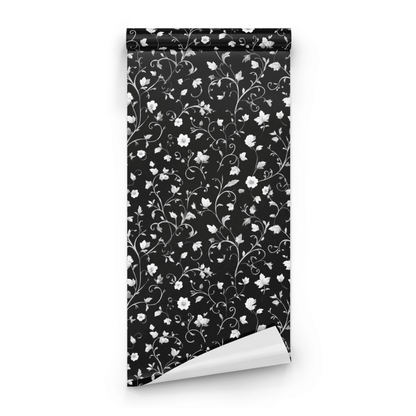 Black Botanical Wallpaper roll preview showing the tendril drawing in close art nouveau black monochrome detail