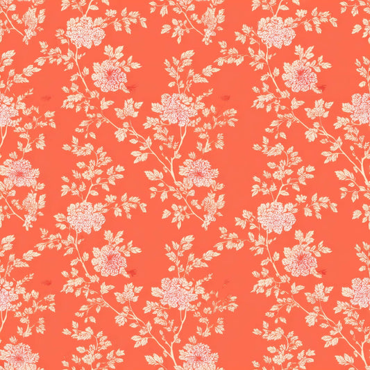 Coral Blossom Serenade Wallpaper features a red background with elegant white floral patterns of detailed branches, leaves, and blooming flowers, adding a touch of sophistication to any room.