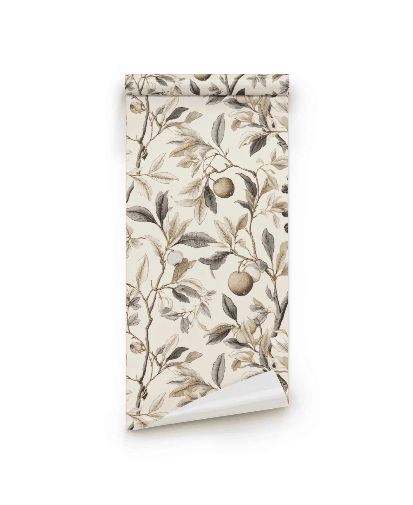 Botanical Elegance Wallpaper features a beige background with branches, leaves, and fruit in muted brown and green tones, accented with subtle golden fruit.
