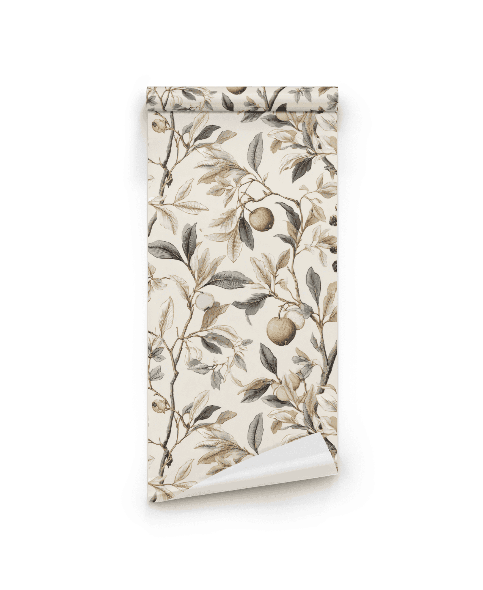Botanical Elegance Wallpaper features a beige background with branches, leaves, and fruit in muted brown and green tones, accented with subtle golden fruit.