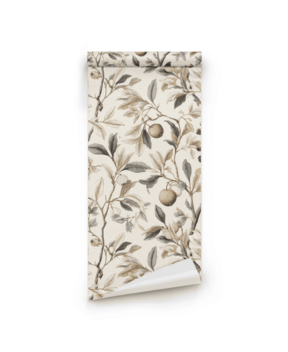 Botanical Elegance Wallpaper features a beige background with branches, leaves, and fruit in muted brown and green tones, accented with subtle golden fruit.